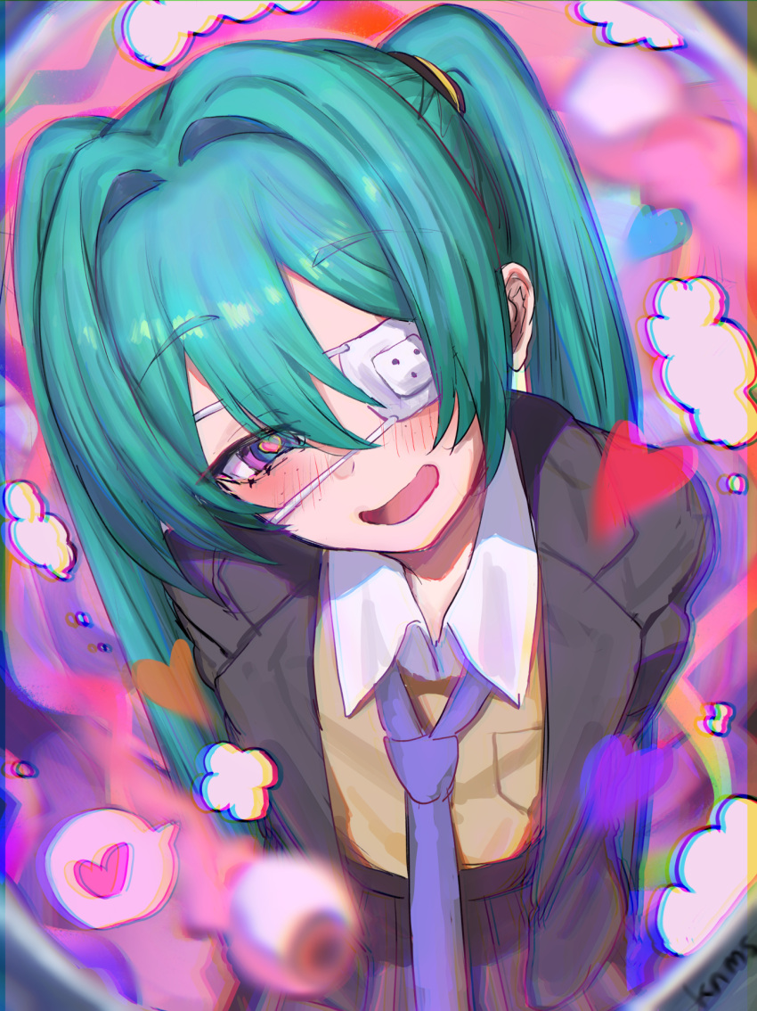 1girl, black_jacket, blush, collared_shirt, commentary, eyepatch, green_hair, hair_between_eyes, hair_intakes, hatsune_miku, heart, heart-shaped_pupils, highres, jacket, kanimiso_uni, long_hair, looking_at_viewer, medical_eyepatch, monitoring_(vocaloid), necktie, open_mouth, shirt, smile, solo, spoken_heart, symbol-shaped_pupils, twintails, very_long_hair, violet_eyes, vocaloid