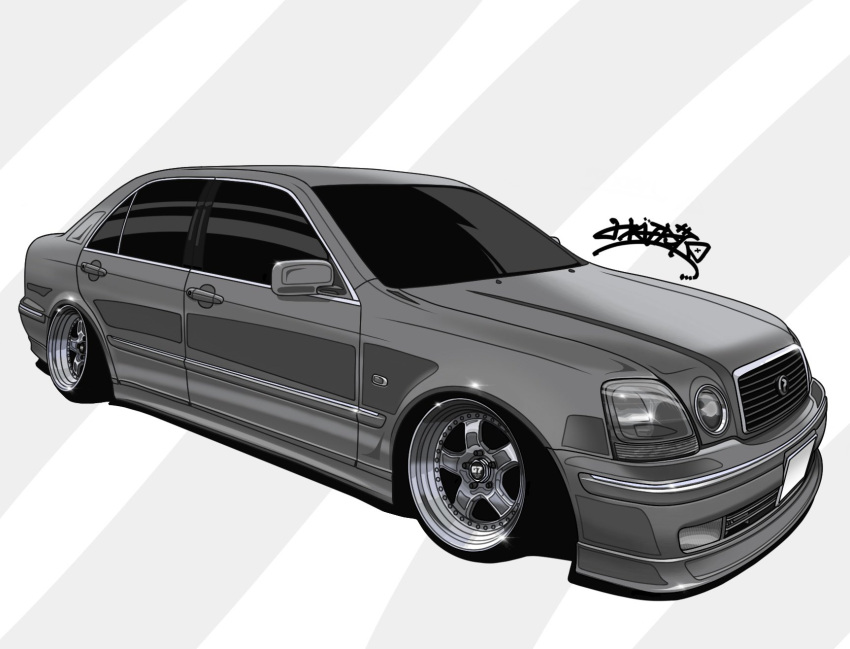 banato1215, car, diagonal-striped_background, glint, grey_car, greyscale, highres, monochrome