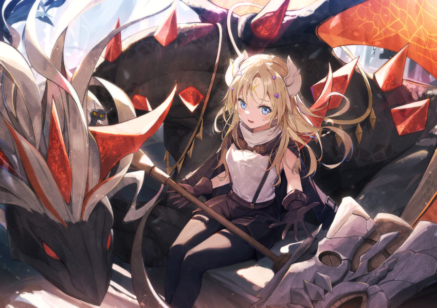 1girl, albaz_(yu-gi-oh!), albion_the_shrouded_dragon, blonde_hair, blue_eyes, breasts, dragon, duel_monster