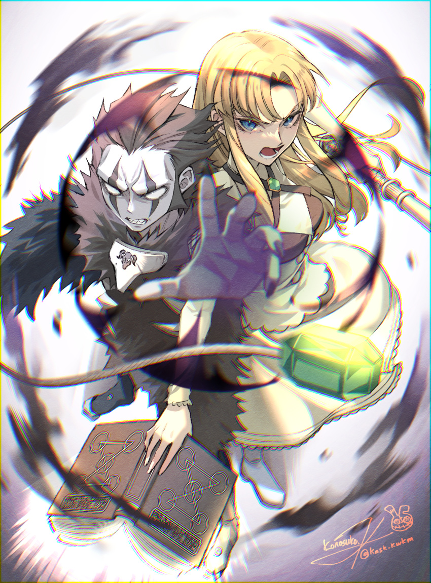 1boy, 1girl, black_hair, blonde_hair, blue_eyes, book, brago_(konjiki_no_gash!!), clenched_teeth