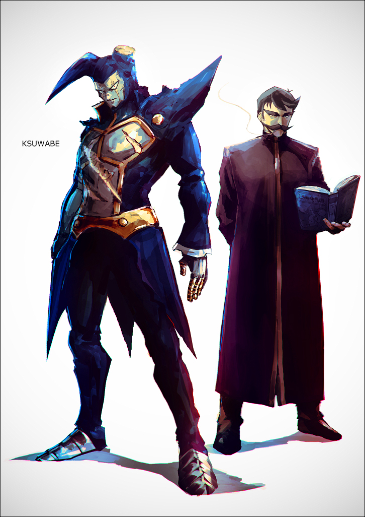 2boys, black_hair, book, broken_horn, cigar, facial_hair, gustav_(konjiki_no_gash!!), holding