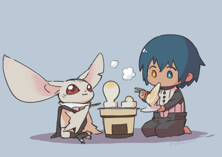 2boys, :3, barefoot, bat_wings, black_pants, black_shirt, black_vest, blue_background, blue_eyes, blue_hair, chopsticks, colored_skin, commentary_request, crossed_legs, dark_blue_hair, eating, facial_mark, food, food_in_mouth, heismay_(metaphor:_refantazio), heterochromia, highres, holding, holding_plate, hotpot, indian_style, kneeling, kurumilk626, long_sleeves, male_focus, metaphor:_refantazio, multiple_boys, pants, plate, protagonist_(metaphor:_refantazio), red_eyes, shirt, simple_background, sitting, striped_clothes, striped_vest, twitter_username, vertical-striped_clothes, vertical-striped_vest, very_long_ears, vest, white_skin, wings, yellow_eyes