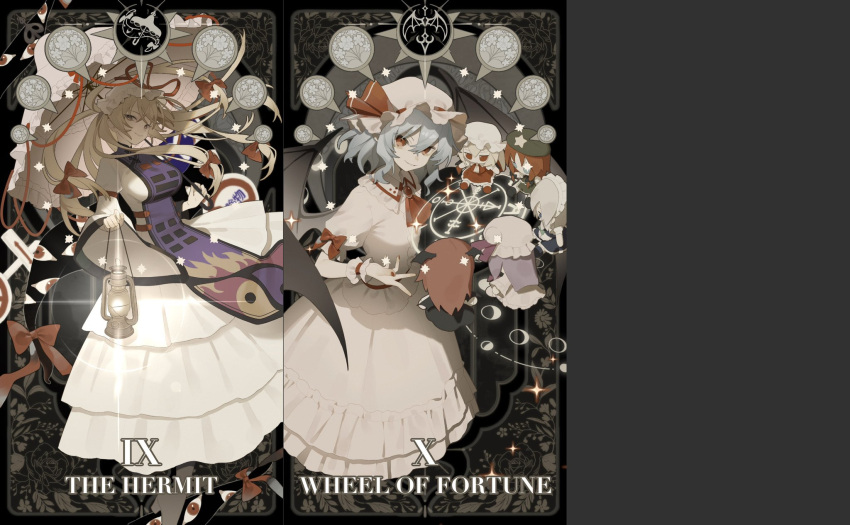 2girls, arrow_(symbol), ascot, bat_wings, black_border, black_trim, blue_hair, border