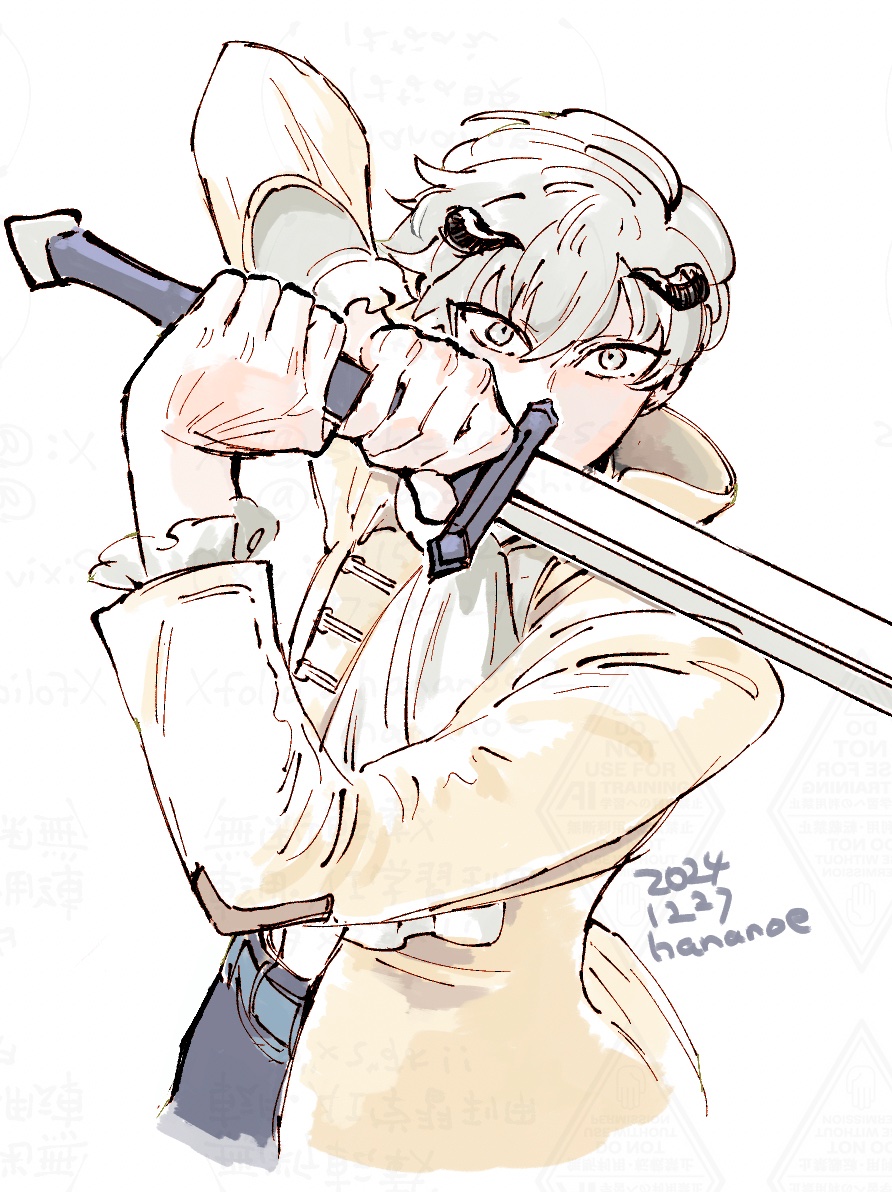 1boy, 2024, arms_up, ascot, belt, black_pants, coat, collared_coat, covered_mouth, cropped_legs, dated, frilled_sleeves, frills, grey_eyes, hair_between_eyes, holding, holding_sword, holding_weapon, horns, layered_sleeves, long_sleeves, looking_at_viewer, male_focus, metaphor:_refantazio, open_clothes, open_coat, pants, popped_collar, shirt, shirt_tucked_in, simple_background, solo, sskkddkkss, strohl_(metaphor:_refantazio), sword, weapon, white_ascot, white_background, white_hair, white_shirt, yellow_coat