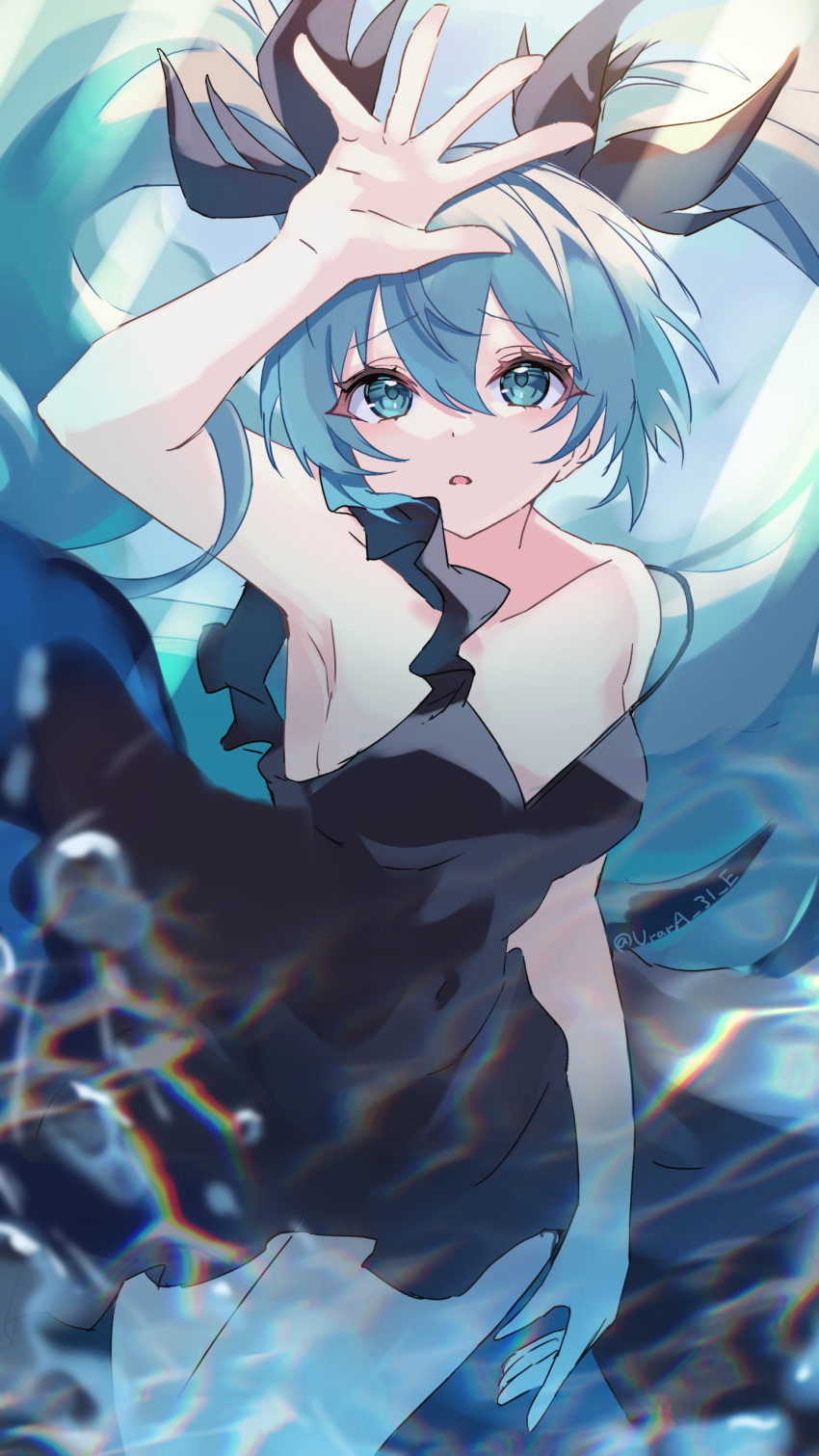1girl, absurdres, aqua_eyes, aqua_hair, arm_up, armpits, bare_shoulders, black_dress, breasts, commentary, cowboy_shot, dress, hair_between_eyes, hatsune_miku, highres, long_hair, looking_at_viewer, outstretched_arm, parted_lips, shinkai_shoujo_(vocaloid), small_breasts, solo, twintails, underwater, urara_31_e, very_long_hair, vocaloid