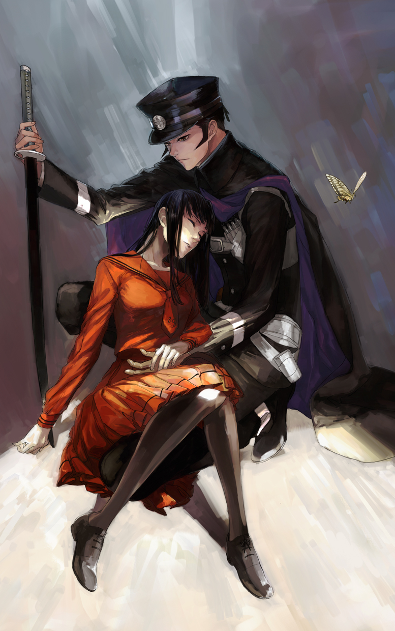 butterfly, cape, closed_eyes, daidoji_kaya, devil_summoner, eyes_closed, hat, highres, kuzunoha_raidou, long_hair, pantyhose, school_uniform, serafuku, shako_cap, sword, weapon, yaku_(ziroken)