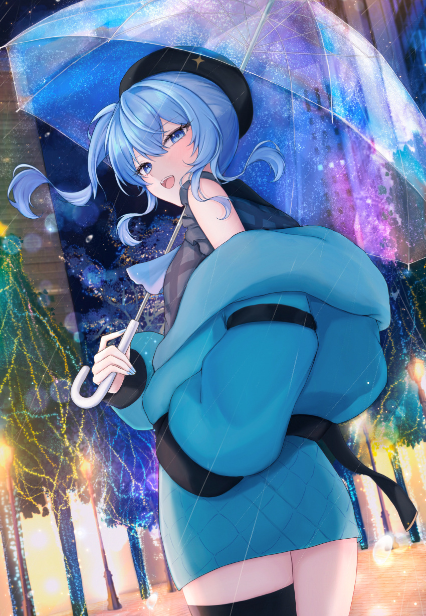 1girl, :d, absurdres, alternate_costume, beret, black_hat, black_shirt, blue_eyes