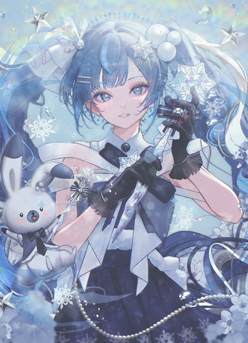 1girl, absurdres, black_gloves, blue_eyes, blue_hair, commentary, crystal_hair_ornament, deog3