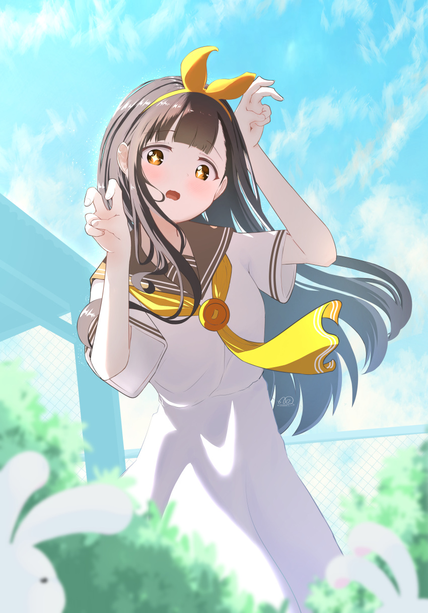 1girl, absurdres, blush, brown_eyes, brown_sailor_collar, brown_serafuku, day, double_v, dress, hair_ribbon, hands_up, highres, long_hair, looking_at_viewer, make_heroine_ga_oo_sugiru!, neckerchief, nukumizu_kaju, open_mouth, outdoors, rabbit, ribbon, sailor_collar, sailor_dress, school_uniform, serafuku, short_sleeves, signature, solo, summer_uniform, v, white_dress, yellow_neckerchief, yellow_ribbon, yue_(user_csgz8434)