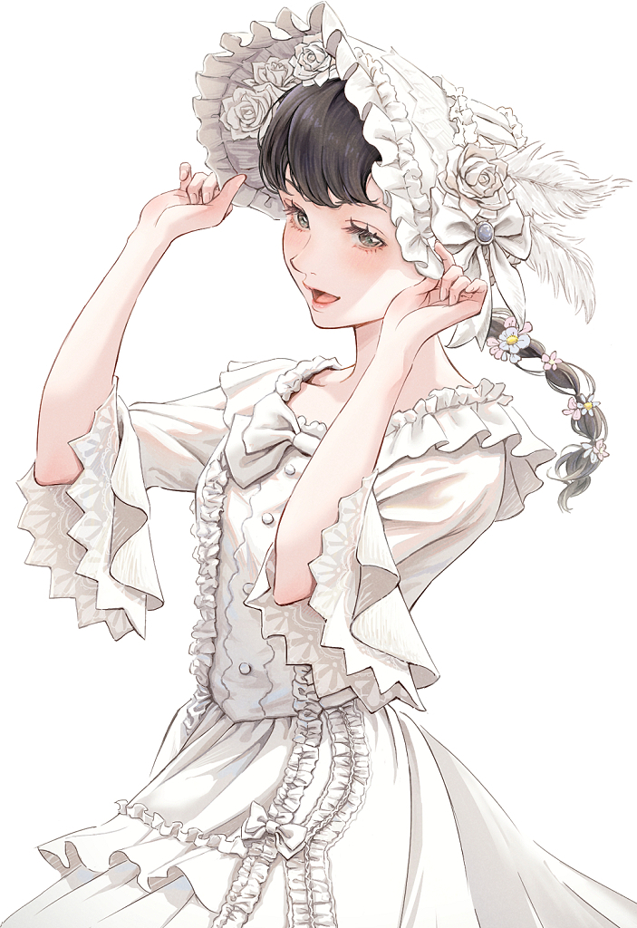 1girl, aqua_eyes, aristocratic_clothes, black_hair, bonnet, braid, brown_eyes, dress, flower, frilled_dress, frills, hair_flower, hair_ornament, long_hair, multicolored_eyes, original, otto_(otto52coffee), pink_lips, single_braid, solo, upper_body, upturned_nose, white_background, white_dress, white_theme
