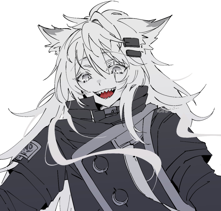 1girl, animal_ears, arknights, artist_name, black_coat, citron80citron, coat, commentary
