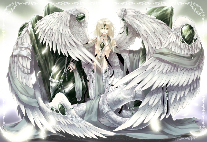 blonde_hair, celestial_stones, creature, jewelry, lamia, long_hair, multiple_wings, original