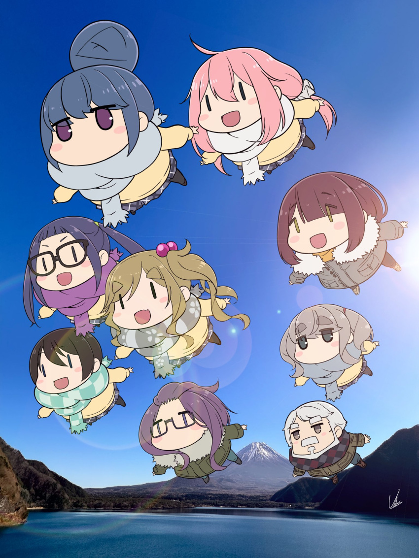 1boy, 6+girls, beard, black-framed_eyewear, black_hair, blue_eyes, blue_hair, blush