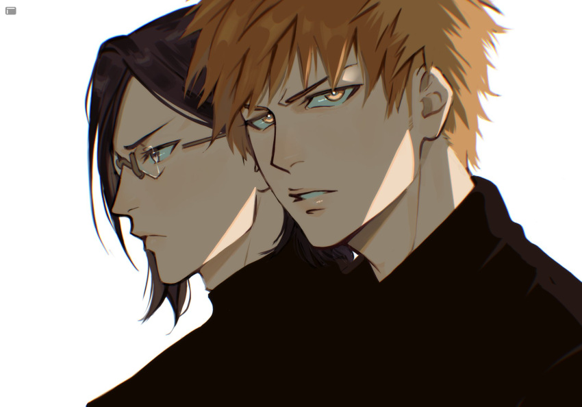 2boys, black_hair, black_shirt, bleach, brown_eyes, closed_mouth, glasses, hair_behind_ear