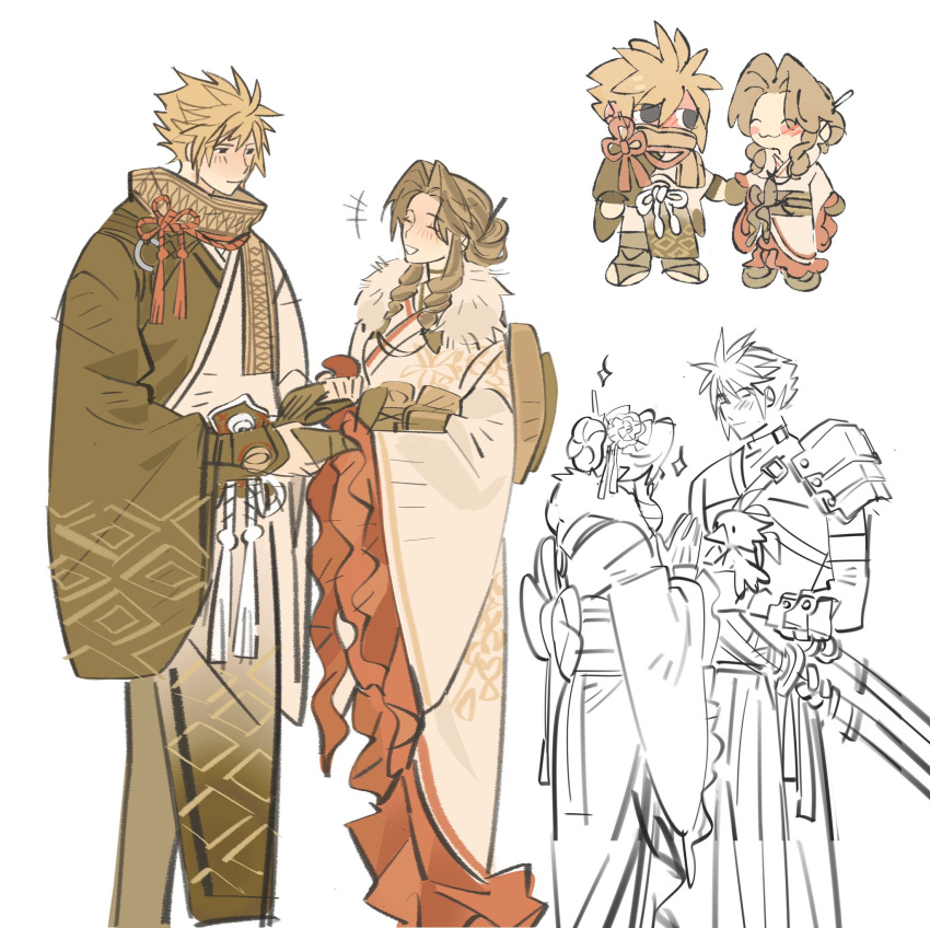 1boy, 1girl, :3, aerith_gainsborough, aerith_gainsborough_(festive_crimson_attire), armor, black_gloves, blonde_hair, blue_eyes, brown_hair, chibi, cloud_strife, cloud_strife_(new_year's_battle_garb), cloud_strife_(official_festive_garb), couple, feet_out_of_frame, final_fantasy, final_fantasy_vii, final_fantasy_vii_ever_crisis, flower, flower_knot, frilled_kimono, frills, fur-trimmed_kimono, fur_trim, furisode, gloves, hair_between_eyes, hair_bun, hair_flower, hair_ornament, hetero, highres, holding_hands, japanese_clothes, kimono, long_hair, looking_at_another, mmmckayyy, multiple_views, obi, official_alternate_costume, parted_bangs, sash, short_hair, shoulder_armor, sidelocks, smile, sparkle, spiky_hair, two-tone_kimono, white_background, white_kimono, wide_sleeves