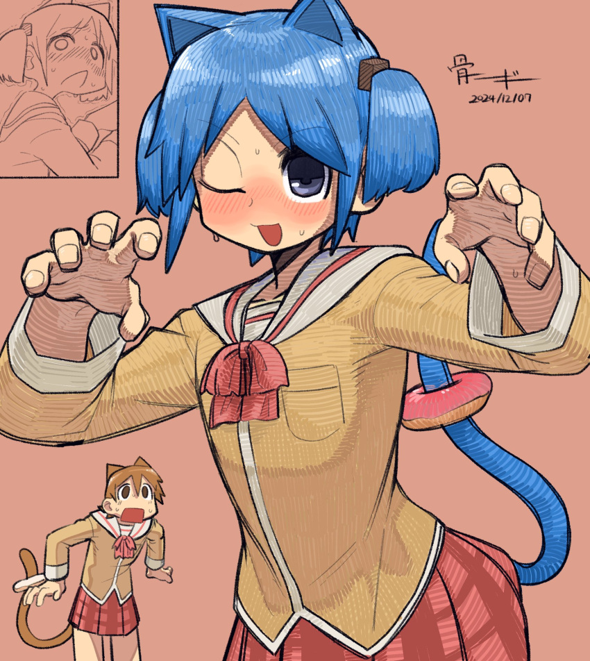 >_o, 2girls, aioi_yuuko, animal_ears, arms_up, blue_eyes, blue_hair, blush