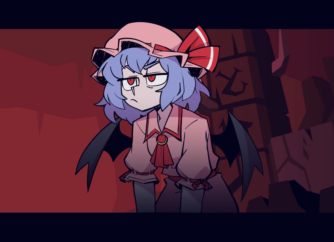 1girl, :/, ascot, bat_wings, blue_hair, bow, brooch, commentary