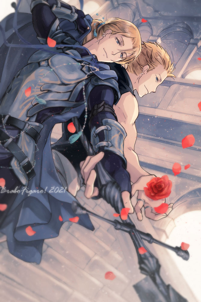 2boys, armor, back-to-back, bare_shoulders, blonde_hair, blue_cape, blue_eyes, breastplate