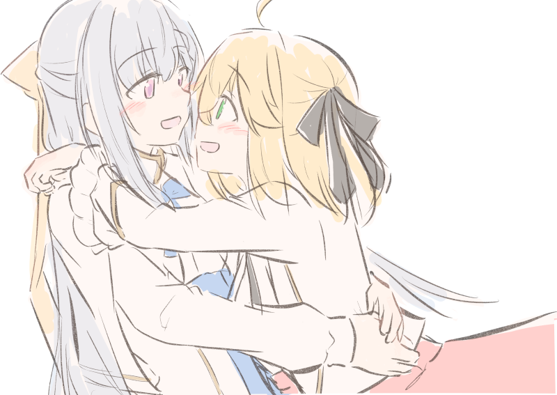 2girls, ahoge, anisphia_wynn_palettia, arms_around_neck, black_ribbon, blonde_hair, blue_skirt, blush