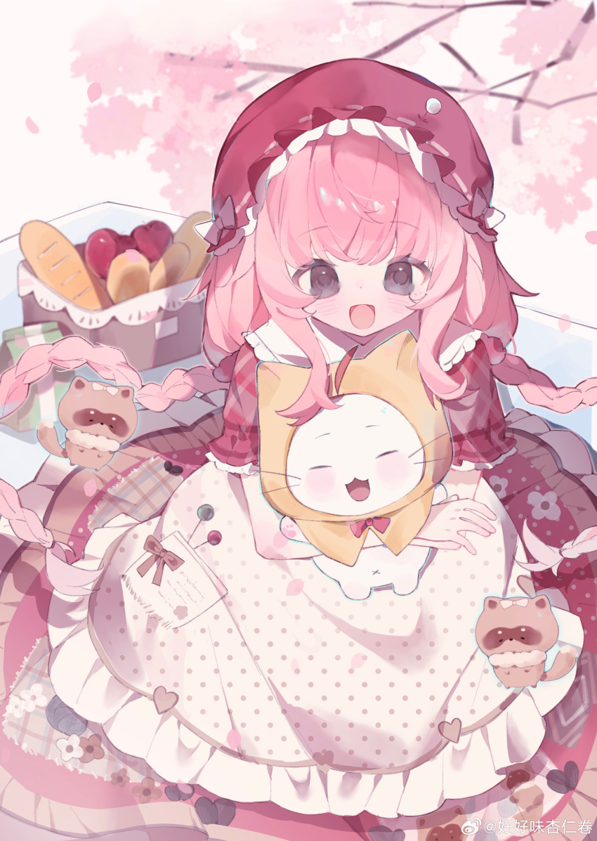 1girl, ^_^, absurdres, animal, apple, apron, bag, baguette