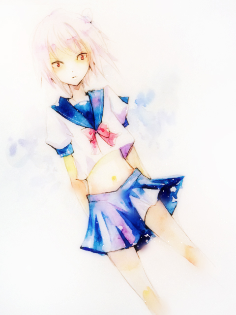 accelerator_(female), dutch_angle, genderswap, midriff, navel, red_eyes, school_uniform, serafuku, short_hair, skirt, suzushina_yuriko, to_aru_majutsu_no_index, white_hair, yu-kichi, yuukichi