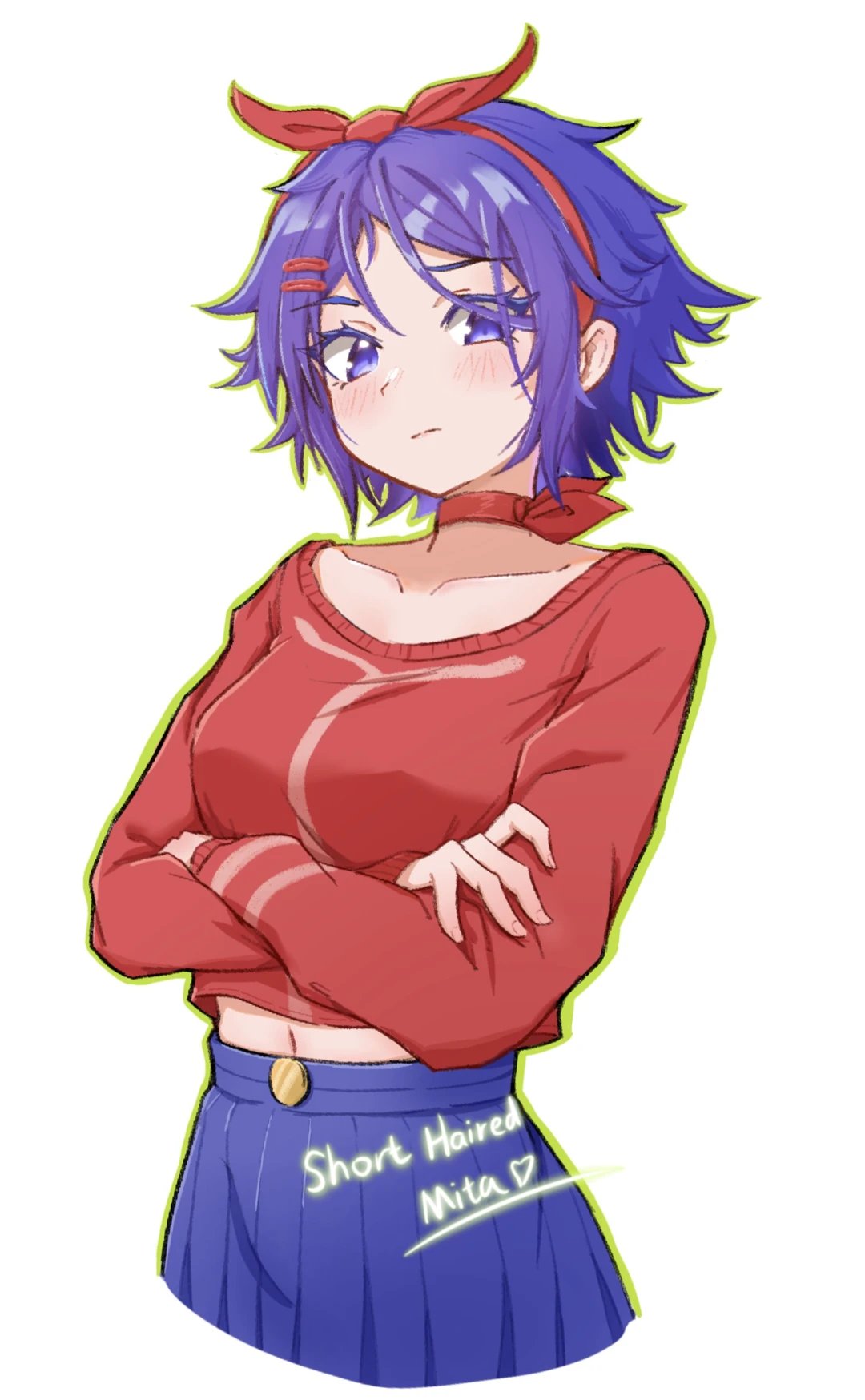 1girl, blue_skirt, breasts, closed_mouth, collarbone, crossed_arms, fourteen_714, hair_between_eyes