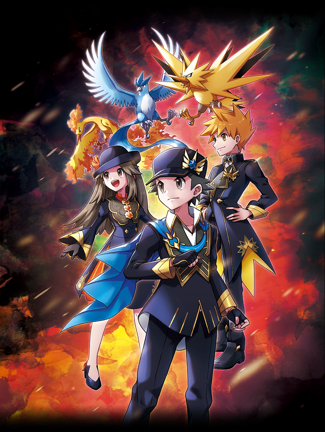 1girl, 2boys, :d, alternate_costume, articuno, black_dress, black_footwear, black_gloves