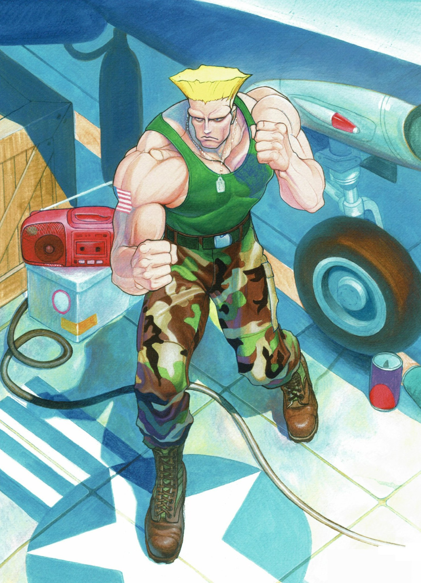 1boy, american_flag_tattoo, blonde_hair, camouflage, camouflage_pants, clenched_hands, fighting_stance, full_body, green_tank_top, guile, highres, male_focus, medium_hair, muscular, pants, shoulder_tattoo, solo, street_fighter, tank_top, tattoo, yasuda_akira