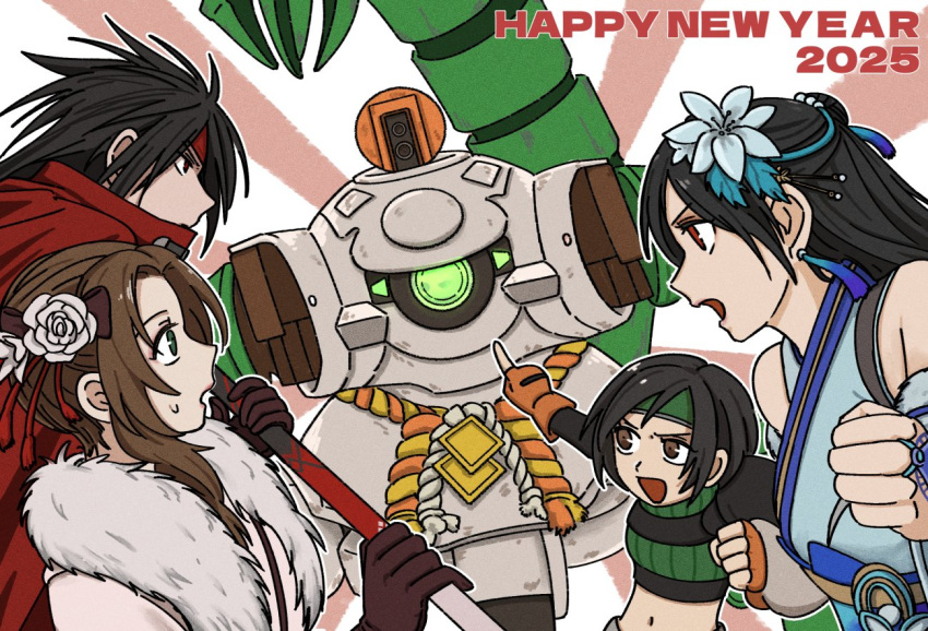 1boy, 2025, 3girls, aerith_gainsborough_(festive_crimson_attire), black_hair, breasts, brown_eyes, brown_gloves