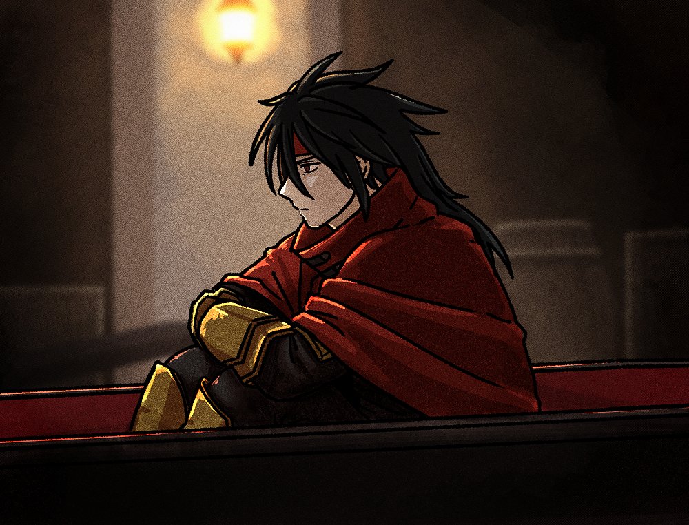 1boy, armored_boots, black_hair, black_pants, black_shirt, blurry, blurry_background, boots