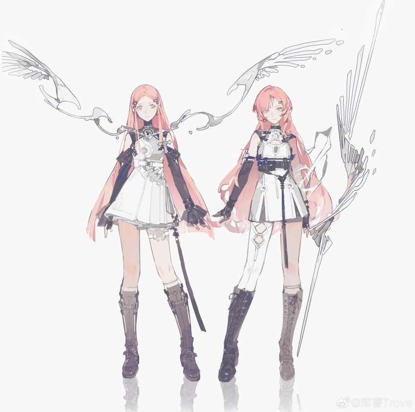 2girls, absurdres, blue_eyes, boots, chinese_commentary, closed_mouth, cross-laced_footwear, detached_sleeves