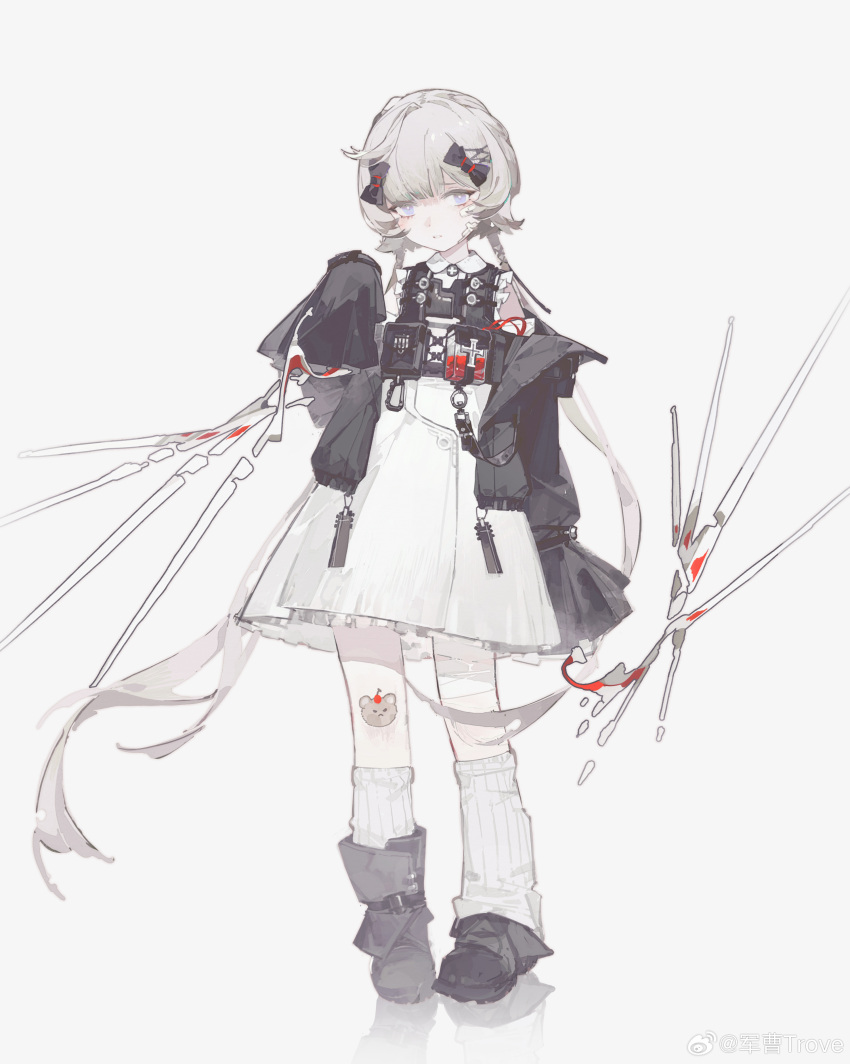 1girl, absurdres, asymmetrical_footwear, bandaged_leg, bandages, bandaid, bandaid_on_face, black_bow