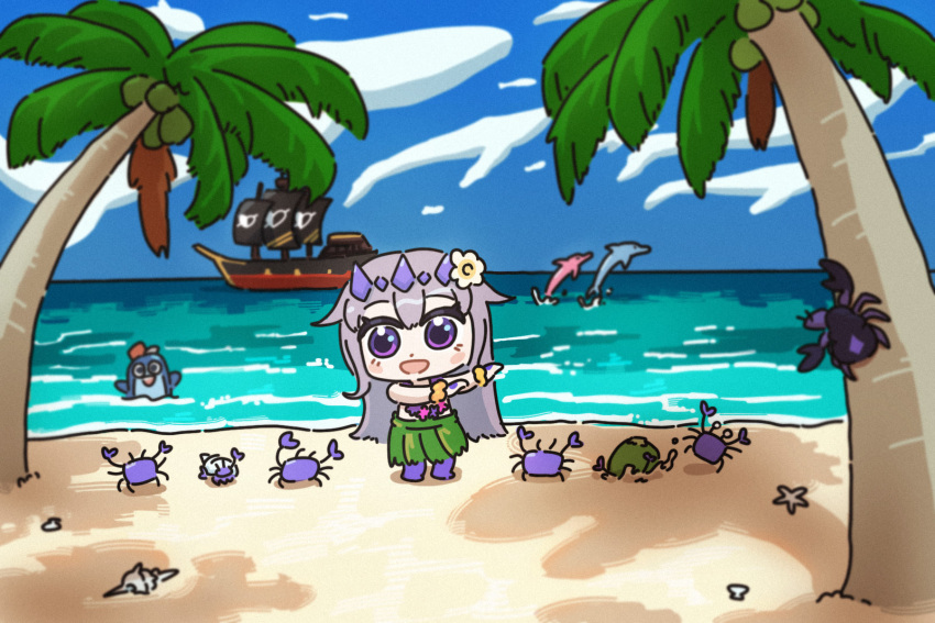 1girl, beach, bing_huyue, bloop_(gawr_gura), blush_stickers, bracelet, chibi, circlet, coconut, coconut_crab, coconut_tree, conch, dancing, dolphin, english_commentary, flower, flower_bracelet, flower_necklace, flying_whale, gem, gem_hair_ornament, grass_skirt, hair_flower, hair_ornament, hand_jewel, hawaii, hermit_crab, highres, hololive, hololive_english, hula, jewelry, koseki_bijou, lei, long_hair, ocean, palm_tree, pirate_ship, purple_gemstone, sand, starfish, tree, whale