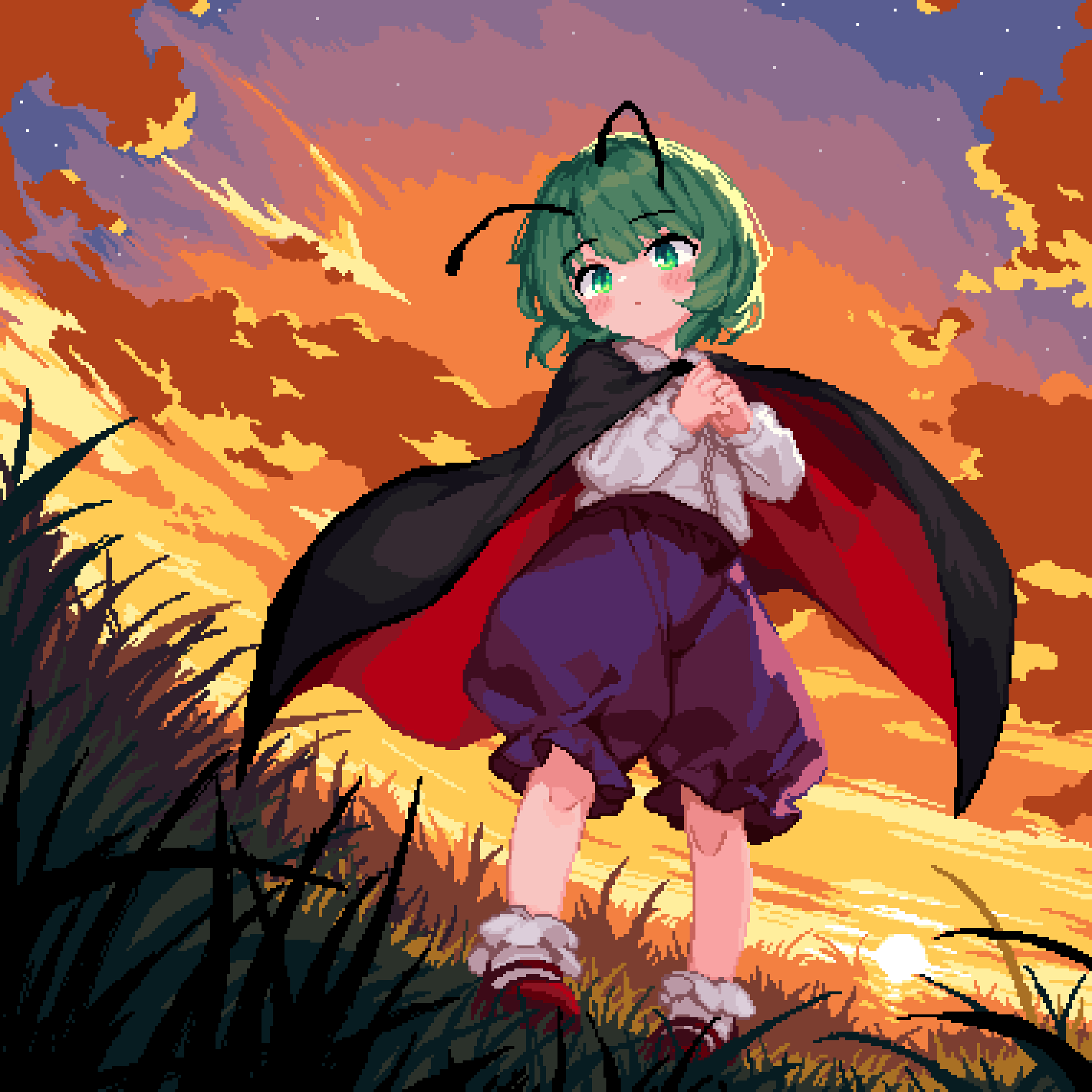 1girl, 999_(hansode), :o, antennae, black_cape, blush, cape, clouds