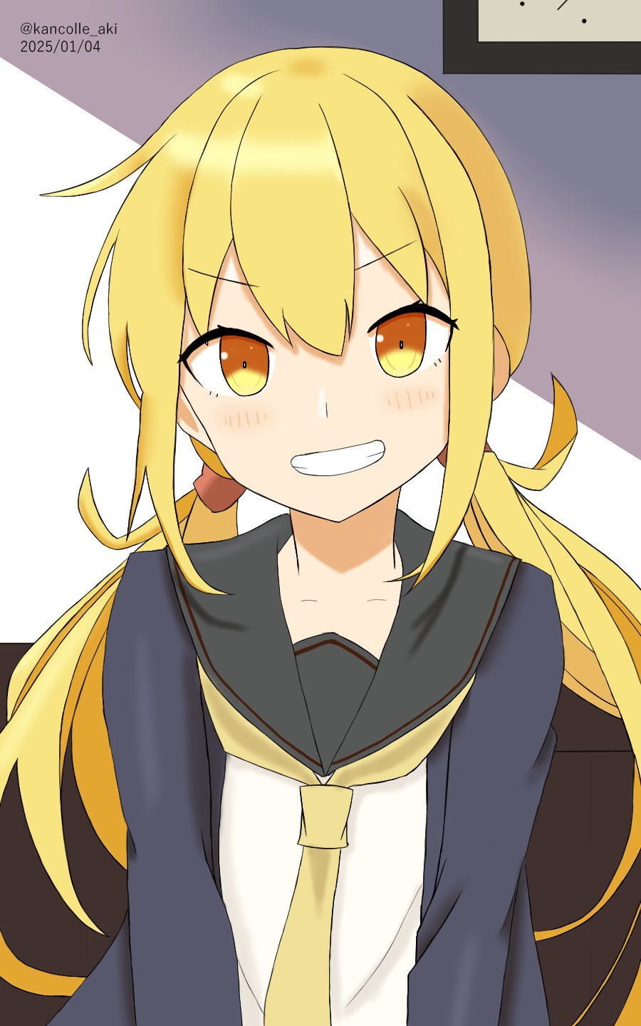 1girl, akkun_teitoku, black_sailor_collar, blonde_hair, blue_jacket, dated, grin, highres