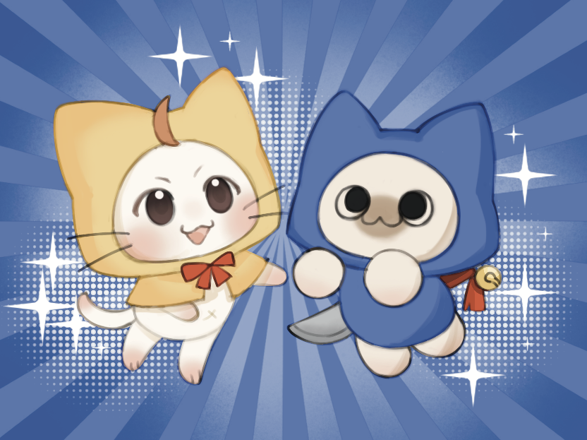 :3, animal, animal_focus, bell, black_eyes, blue_background, blue_shirt, bow, bowtie, brown_eyes, cat, character_request, check_character, chinese_commentary, cloak, closed_mouth, clothed_animal, commentary_request, dancing, ear_covers, felyne, hanmengcanyan, hood, hood_up, hooded_cloak, hooded_shirt, infinity_nikki, light_blush, looking_at_another, momo_(nikki), monster_hunter_(series), monster_hunter_rise, nikki_(series), no_humans, red_bow, red_bowtie, shirt, sparkle, sword, sword_on_back, tassel, weapon, weapon_on_back, whiskers, white_cat, yellow_cloak