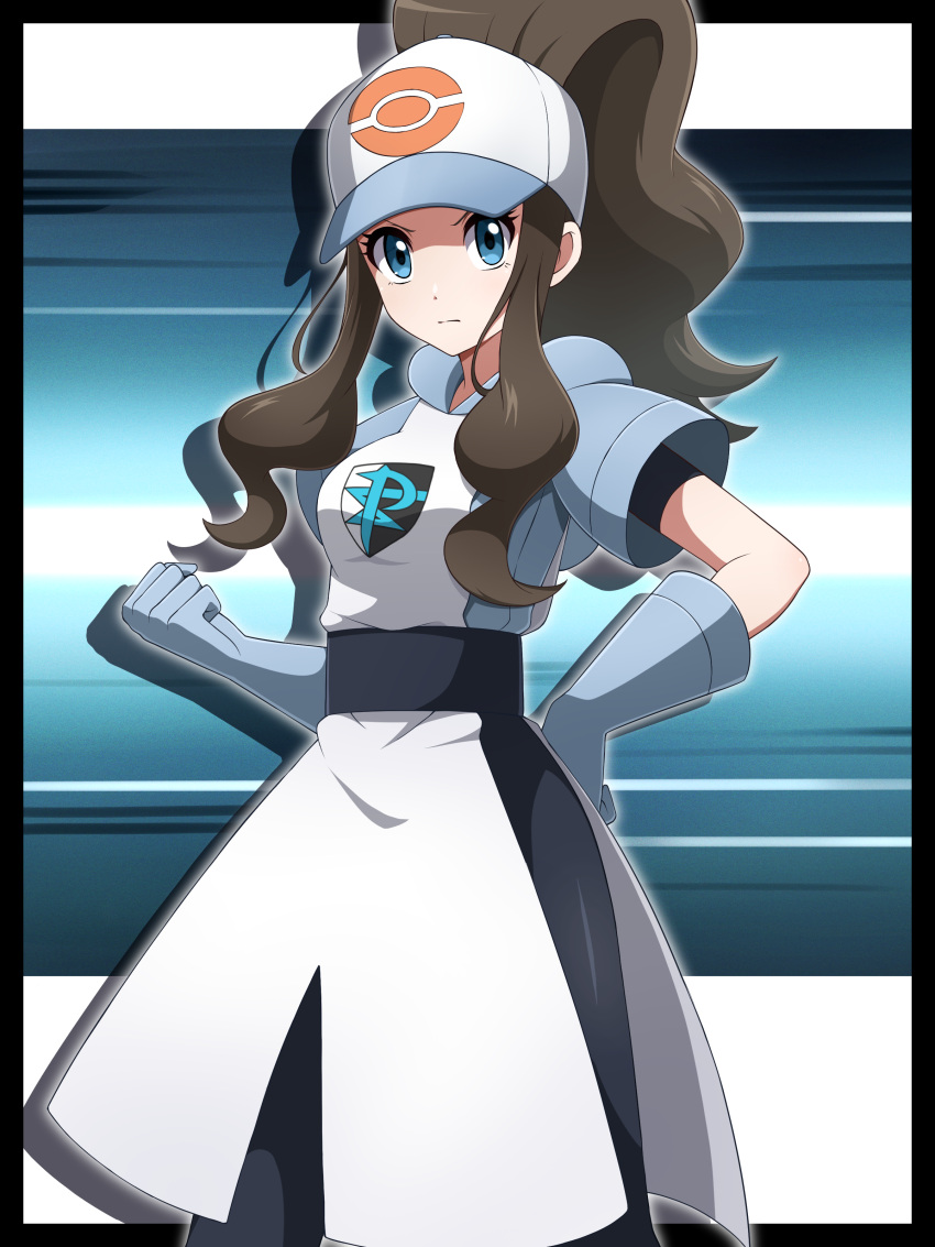 1girl, absurdres, baseball_cap, black_border, blue_eyes, blue_gloves, border, breasts