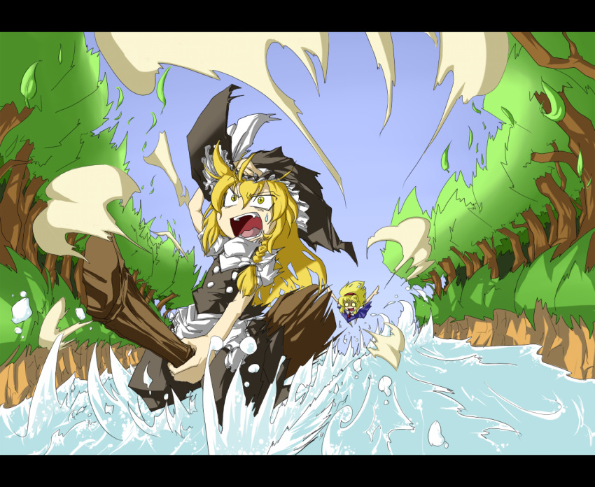 blonde_hair, broom, broom_riding, chasing, desaku, fang, flying, hairband, hat, kirisame_marisa, letterboxed, long_hair, river, sweatdrop, touhou, tree, witch, witch_hat, yellow_eyes, you_gonna_get_raped