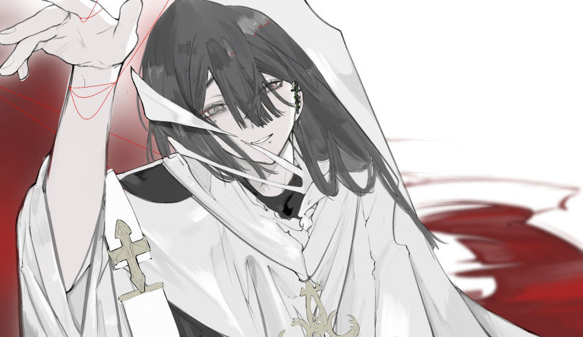 1boy, black_hair, brown_eyes, cloak, cross, degrees_of_lewdity, earrings, grey_background, grey_cloak, highres, jewelry, looking_at_viewer, male_focus, red_background, single_earring, smile, solo, string, string_of_fate, sydney_(degrees_of_lewdity), sydney_(male)_(degrees_of_lewdity), teeth, two-tone_background, ultramarine_(pixiv_100785718)