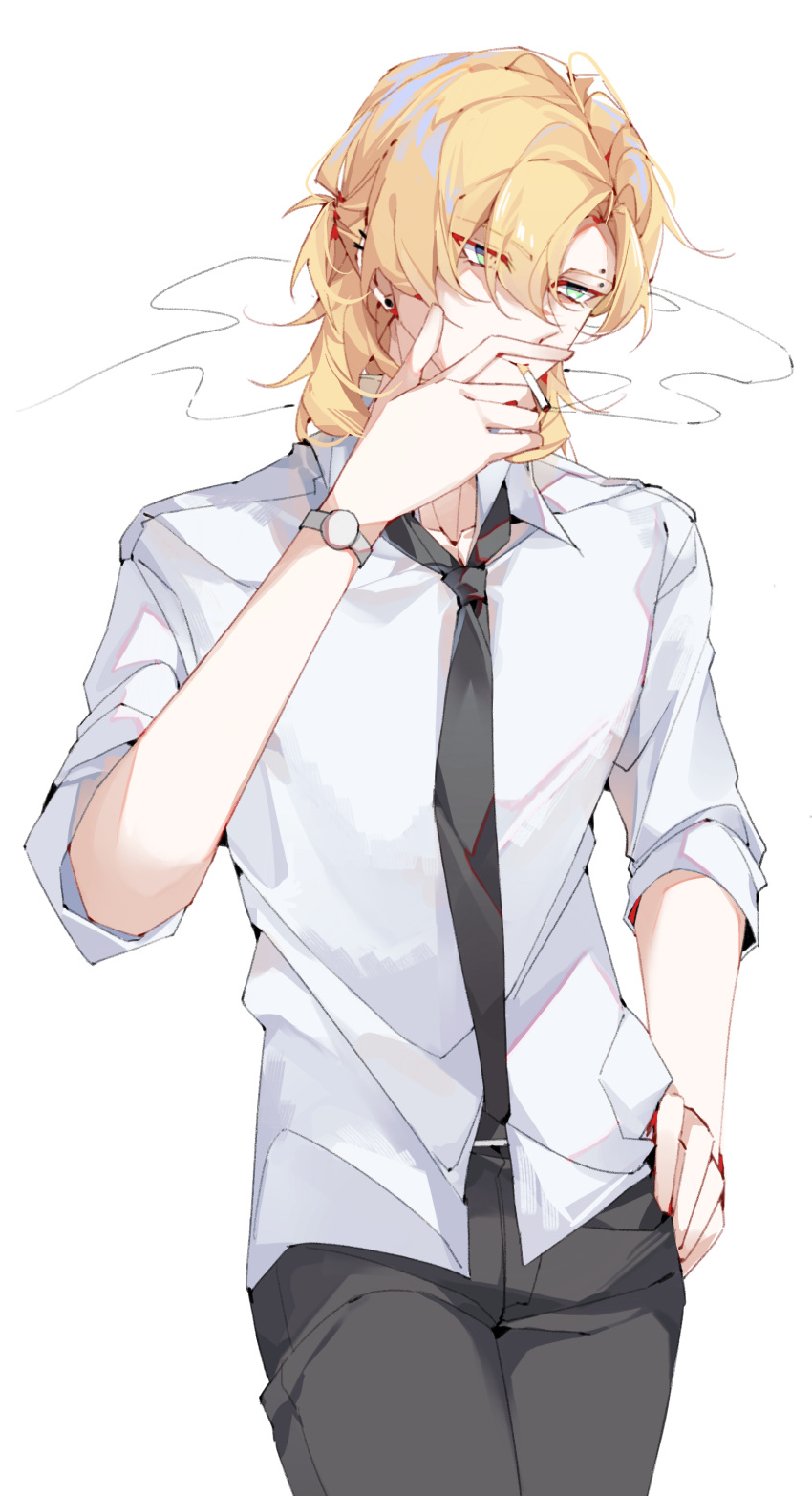 1boy, absurdres, black_necktie, black_pants, blonde_hair, cigarette, collared_shirt, degrees_of_lewdity