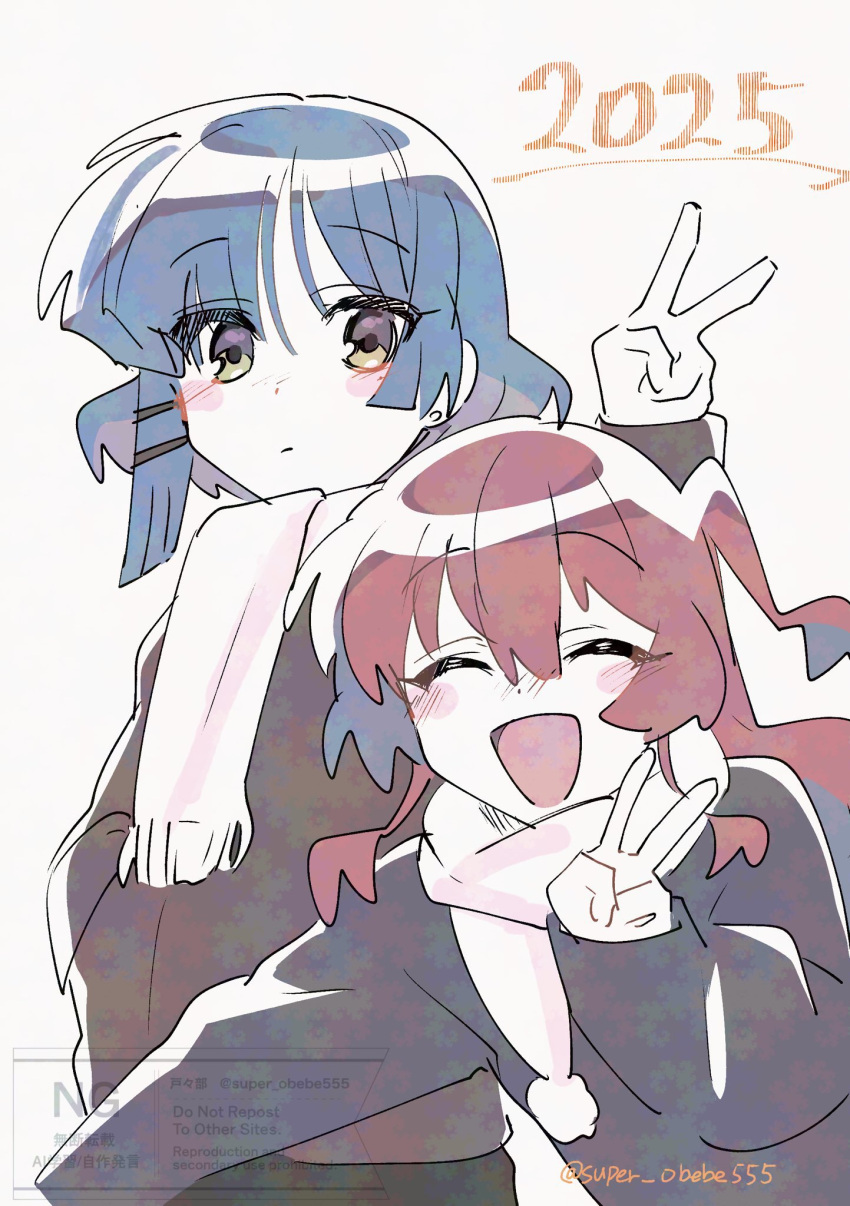 2025, 2girls, :d, ^_^, black_jacket, blue_hair, blush, blush_stickers, bocchi_the_rock!, closed_eyes, closed_mouth, dot_nose, earrings, green_eyes, hair_between_eyes, hair_ornament, hairclip, highres, jacket, jewelry, kita_ikuyo, long_hair, looking_at_viewer, multiple_girls, nose_blush, one_side_up, open_mouth, redhead, scarf, short_hair, sidelocks, simple_background, smile, stud_earrings, totobe, twitter_username, v, watermark, white_background, white_scarf, yamada_ryo