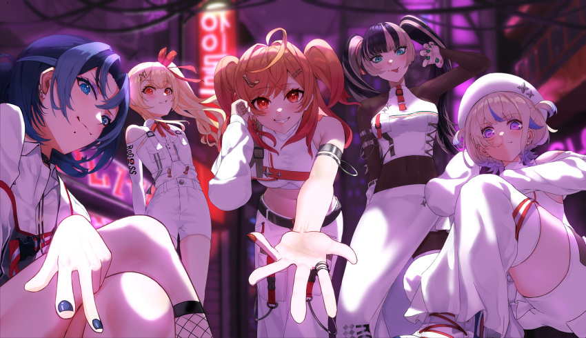 5girls, ahoge, arm_belt, belt, beret, black_bodysuit, black_hair, blonde_hair