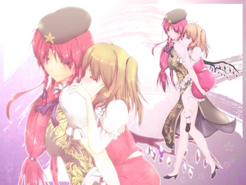 blonde_hair, braid, carrying, china_dress, chinese_clothes, flandre_scarlet, hat, highres, hiichisato, hong_meiling, long_hair, multiple_girls, red_hair, redhead, side_ponytail, sleeping, the_embodiment_of_scarlet_devil, touhou, twin_braids, wings