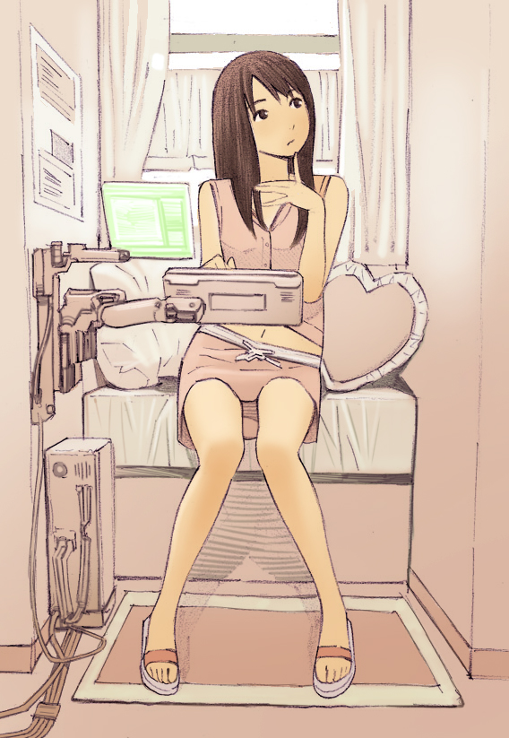 1girl, barefoot_slippers, bed, black_eyes, brown_hair, buttons, cable, closed_mouth, computer, curtains, dot_nose, indoors, knees_together_feet_apart, long_hair, looking_to_the_side, midriff, monitor, navel, original, pink_shirt, pink_skirt, shirt, skirt, sleeveless, sleeveless_shirt, slippers, solo, swept_bangs, window, yoshitomi_akihito