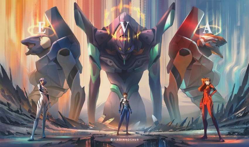 1boy, 2girls, armor, aurora, ayanami_rei, blue_armor, blue_hair, brown_hair, dinhosaur, eva_00, eva_01, eva_02, evangelion_(mecha), ikari_shinji, long_hair, mecha, mecha_pilot_suit, multiple_girls, neon_genesis_evangelion, orange_hair, plugsuit, purple_armor, red_armor, robot, short_hair, signature, souryuu_asuka_langley, white_stripes