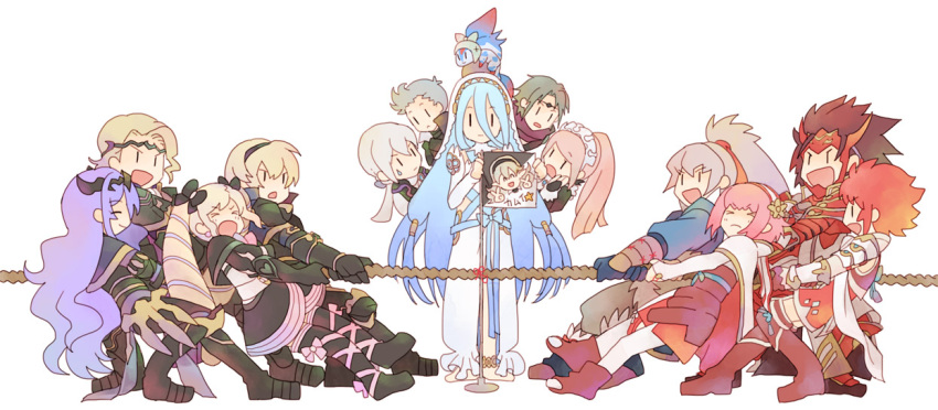 >_<, 6+boys, 6+girls, armor, azura_(fire_emblem), black_armor, black_gloves, blonde_hair