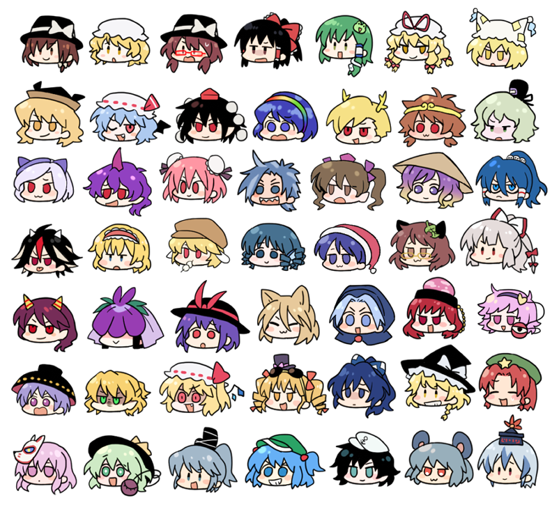 6+girls, :3, ajirogasa, alice_margatroid, anchor_symbol, animal_ears, animal_hat, antlers, bat_wings, beret, black_hair, black_hat, blonde_hair, blue_bow, blue_eyes, blue_hair, blush, bow, bowl, bowl_hat, braid, brown_eyes, buddhist_nun, bun_cover, chain, circlet, closed_eyes, closed_mouth, commentary_request, cone_horns, crystal, crystal_wings, dango, dog_ears, doremy_sweet, double_bun, dragon_horns, drill_hair, drill_sidelocks, eating, eyeball, eyewear_on_head, fang, fedora, fins, flandre_scarlet, flat_cap, floppy_ears, flower, flower_on_head, food, food_in_mouth, fox_ears, fox_mask, frilled_bow, frilled_hair_tubes, frilled_hairband, frills, frog_hair_ornament, frown, fujiwara_no_mokou, futatsuiwa_mamizou, glasses, gradient_hair, green_eyes, green_hair, green_hat, grey_hair, grin, hair_between_eyes, hair_bobbles, hair_bow, hair_bun, hair_ornament, hair_tubes, hairband, hakurei_reimu, hat, hat_bow, hat_ornament, hata_no_kokoro, head_fins, head_only, heart, heart_hair_ornament, hecatia_lapislazuli, hijiri_byakuren, himekaidou_hatate, himemushi_momoyo, hong_meiling, hood, horns, ibaraki_kasen, kamishirasawa_keine, kawashiro_nitori, kicchou_yachie, kijin_seija, kirisame_marisa, kochiya_sanae, komeiji_koishi, komeiji_satori, kudamaki_tsukasa, kumoi_ichirin, leaf, leaf_on_head, lobelia_(flower), lolita_hairband, long_hair, maribel_hearn, mask, mask_on_head, matara_okina, mitsugashira_enoko, miyadeguchi_mizuchi, mizuhashi_parsee, mob_cap, mononobe_no_futo, mouse_ears, mouth_hold, multicolored_hair, multicolored_wings, multiple_girls, multiple_hair_bows, murasa_minamitsu, nagae_iku, nazrin, nightcap, nippaku_zanmu, one_eye_closed, one_side_up, open_mouth, pink_eyes, pink_hair, pink_hairband, pointy_ears, pom_pom_(clothes), ponytail, purple_hair, purple_hat, purple_horns, rabbit_ears, raccoon_ears, rainbow_gradient, rainbow_hairband, re_ghotion, red-framed_eyewear, red_eyes, red_hat, redhead, remilia_scarlet, ringo_(touhou), round_eyewear, sailor_hat, shaded_face, shameimaru_aya, sharp_teeth, siblings, side_braid, side_ponytail, sidelocks, single_braid, single_hair_tube, single_horn, sisters, skewer, skull_hair_ornament, small_horns, smile, snake_hair_ornament, soga_no_tojiko, son_biten, star_(symbol), star_hat_ornament, streaked_hair, sukuna_shinmyoumaru, sunglasses, tate_eboshi, teeth, tenkajin_chiyari, tenkyuu_chimata, third_eye, tokin_hat, tongue, top_hat, touhou, twin_drills, twintails, two-tone_hair, usami_renko, usami_sumireko, violet_eyes, wagashi, wakasagihime, white_bow, white_hat, white_horns, wings, witch_hat, yakumo_ran, yakumo_yukari, yellow_eyes, yellow_horns, yomotsu_hisami, yorigami_jo'on, yorigami_shion