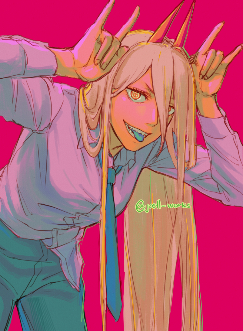 1girl, \n/, artist_name, blonde_hair, blue_necktie, blue_pants, blue_tongue, breasts, chainsaw_man, colored_tongue, cowboy_shot, demon_horns, eyelashes, hands_up, horns, jcell, long_hair, long_sleeves, looking_at_viewer, medium_breasts, necktie, neon_palette, orange_eyes, pants, power_(chainsaw_man), red_background, sharp_teeth, shirt, symbol-shaped_pupils, teeth, tongue, tongue_out, twitter_username, v-shaped_eyebrows, white_shirt