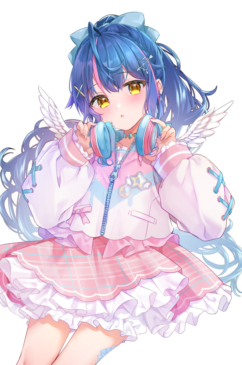 1girl, ahoge, amamiya_kokoro, amamiya_kokoro_(4th_costume), blue_bow, blue_hair, blue_headphones, bow