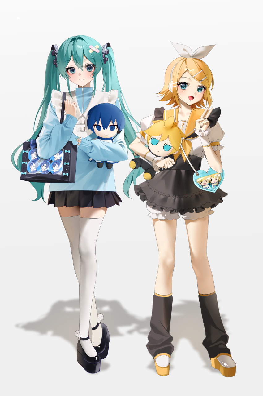 2girls, absurdres, aqua_hair, bandaid, bandaid_hair_ornament, black_footwear, black_leg_warmers, black_skirt